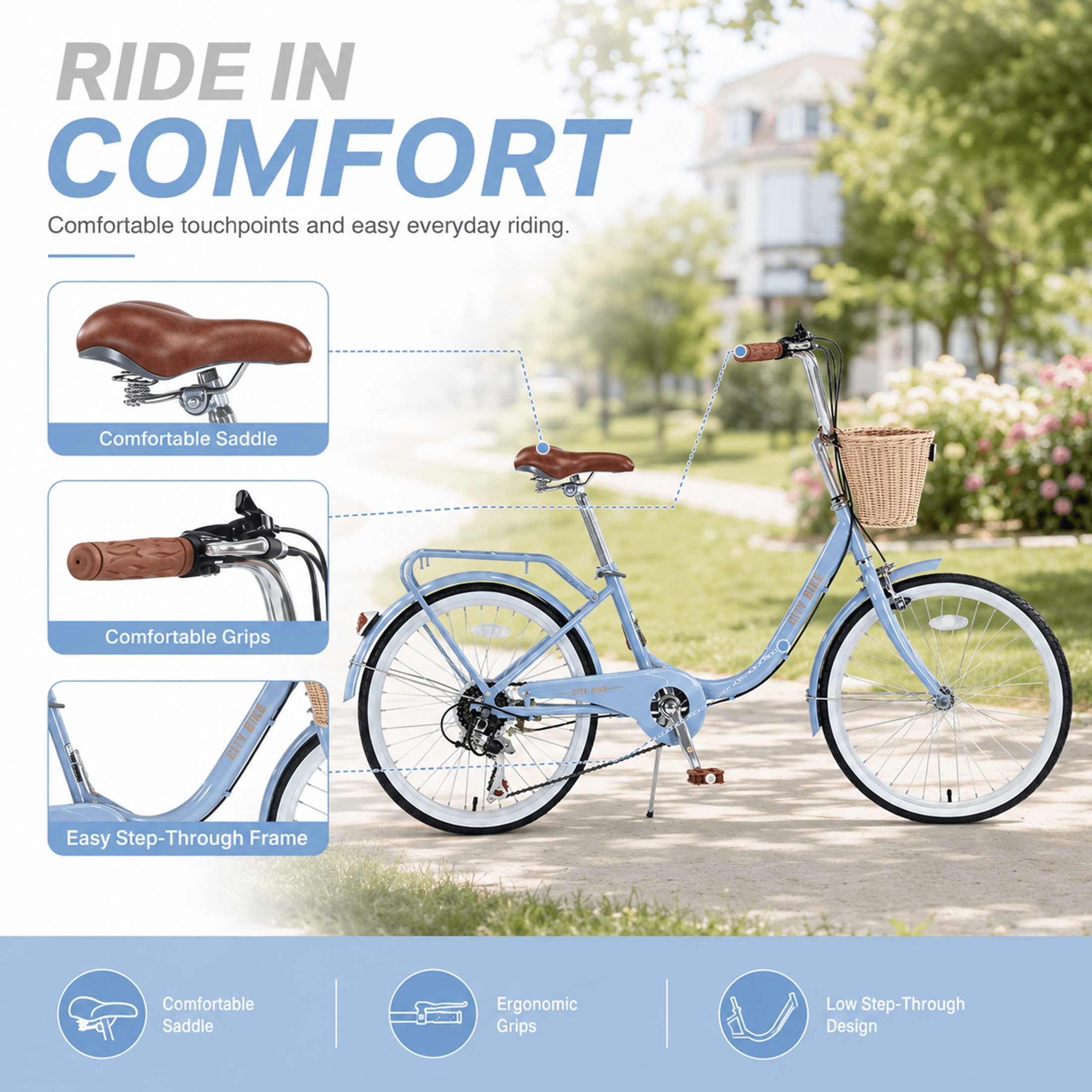 7 Speed City Bike for Girls with Front Basket, 22 Inch Kids