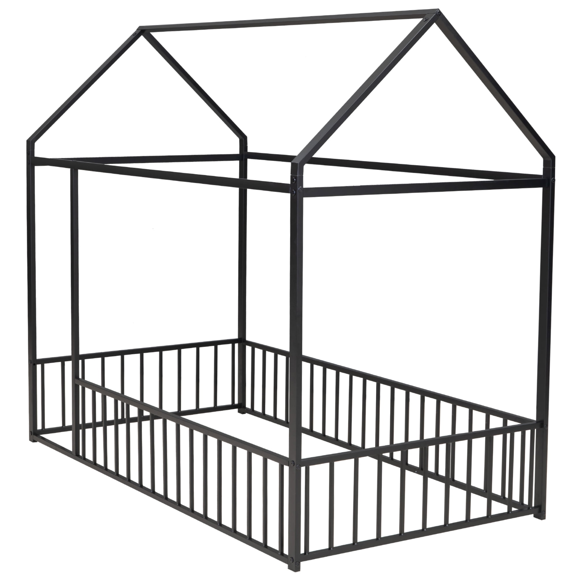 Twin Size Metal House Bed Frame with Rails, Montessori Floor Bed without Slats (Black)