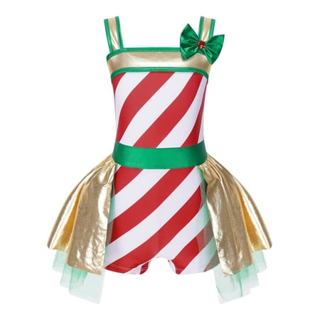 inhzoy Kids Girls Striped Candy Cane Christmas Dress-Up Ballet Gymnastic Dance Leotard Jumpsuit Red 14