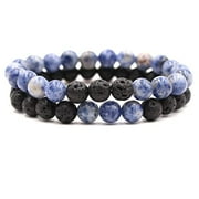 2Pcs Matte Lava Rock Volcanic Stone Beads Stretch Bracelet Stacking Essential Oil Diffuser Tiger Eye Seed Bracelet for Men Women Girl Boy Couple Stress Relief Healing Aromatherapy Jewelry-G blue