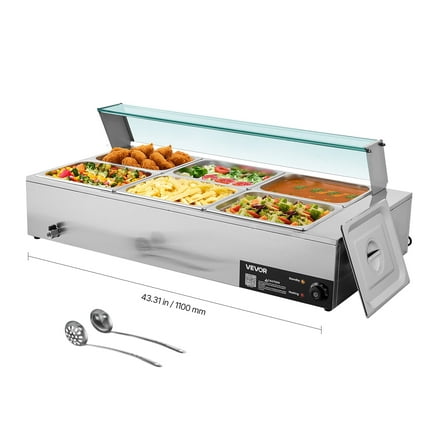 VEVOR Commercial Food Warmer, 1500W Electric Stainless Steel Steam Food Warmer with Glass Cover, 6 x 1/2 Size Pans Buffet Bain Marie with Soup & Perforated Ladles, for Catering, Restaurant & Party