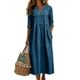 thumbnail image 2 of Edvintorg Casual Dresses for Women Solid V-Neck 3/4 Sleeve Loose Midi Dress Womens Sundresses with Pockets Fashion Clothing, 2 of 7