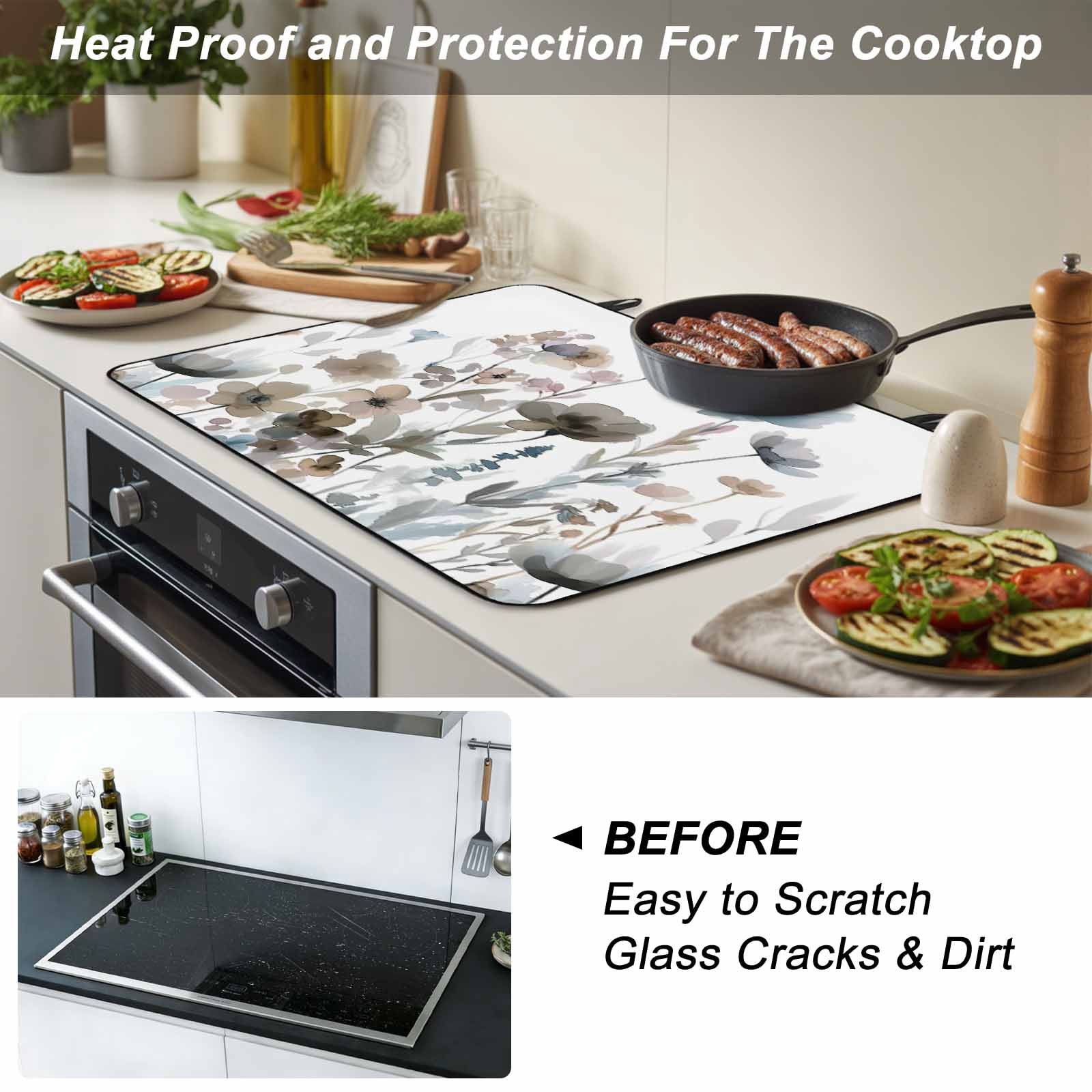 Blue Grey Pink Spring Floral Stove Top Cover for Electric Stove, Heat-proof & Non Slip Glass Top Stove Cover Protector, Watercolor Botanical Kitchen Flat Cooktop Rubber Mat 24x21 Inches