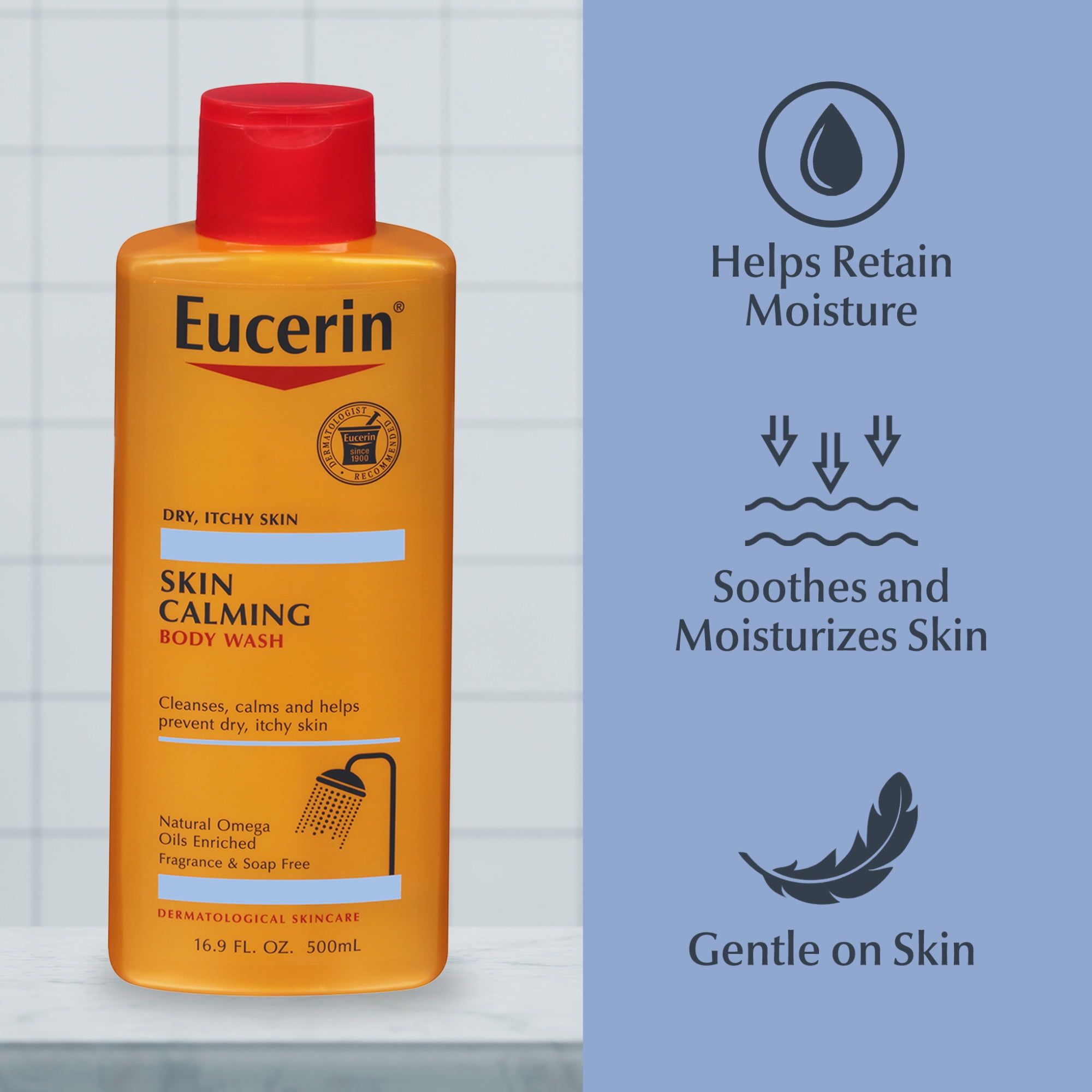 Eucerin Skin Calming Body Wash for Dry, Itchy Skin with Omega Oils, Fragrance Free, 16.9 fl oz