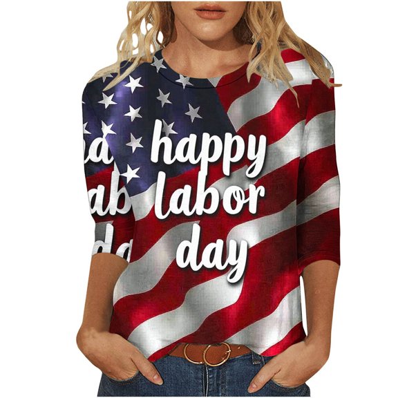 Womens 4th of July Outfit Red White and Blue Shirts Round Neck 3/4 Sleeve Tops American Flag Print Shirts Patriotic Blouses