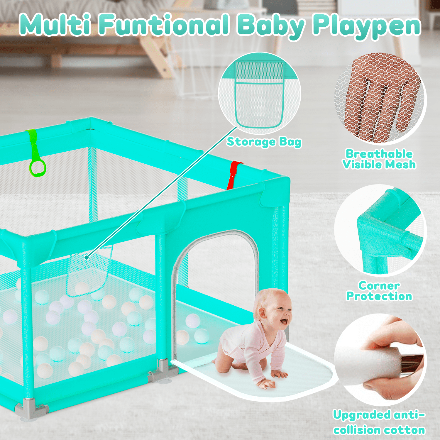 JoyStone Baby Playpen, 50 x 50 in, Non-Slip Base, Soft Mesh Sides, 2 Pull-up Rings, Carry Bag, Green