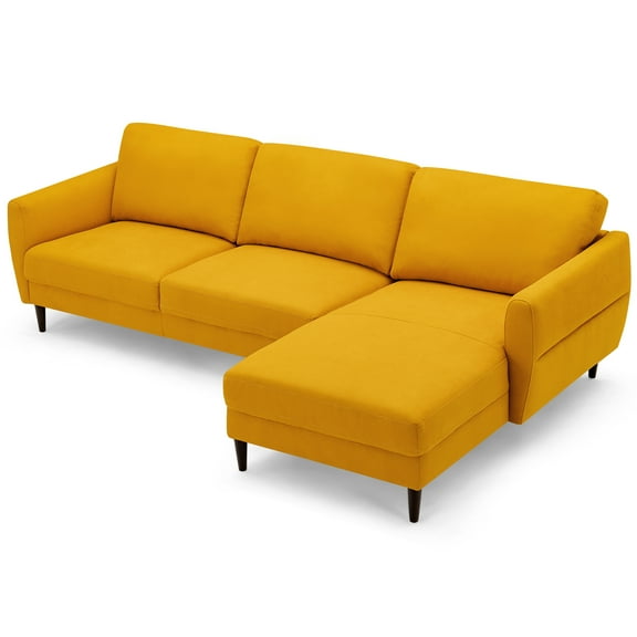Costway 104'' L-Shaped Fabric Sectional Sofa w/ Chaise Lounge & Solid Wood Legs Yellow