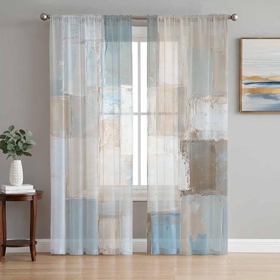 Blue Brown Color Blocks Sheer Curtains 84 Inch Length 2 Panels Set, Modern Abstract Oil Painting Art Voile Window Treatment Rod Pocket Curtains Sheers Drapes for Bedroom/Living Room/Kitchen 52"x84"x2
