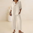 thumbnail image 2 of Women's 2 Piece Lounge Set, 3/4 Sleeve V Neck Casual Top and Wide Leg Pants, Soft Material Matching Outfit for Daily Wear, Beach Travel and Relaxation-Beige, 2 of 8