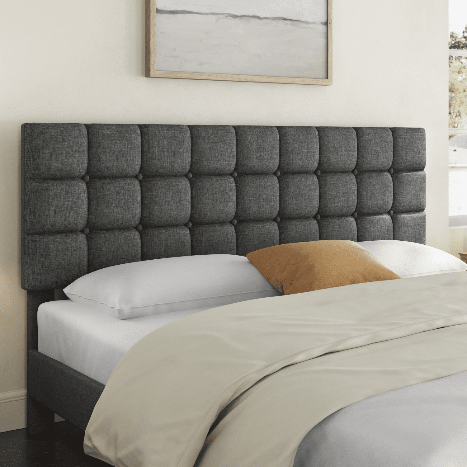 Renwick King Platform Bed Frame with Square Tufted Headboard, Dark Gray