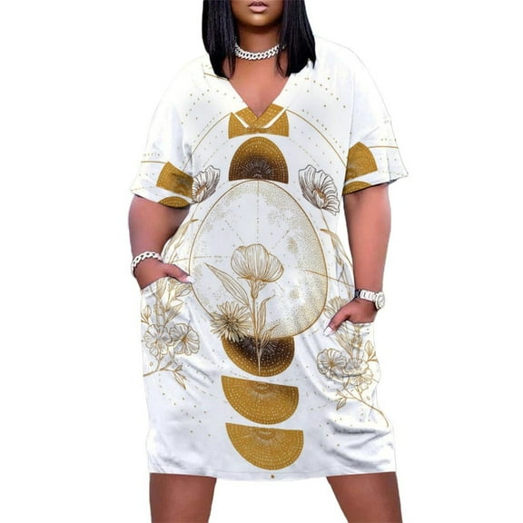Golden Celestial Floral Moon Design Women's Loose Short Sleeve Dress Casual Summer Plus Size Long Dresses with Pockets