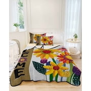 Welcome 3 Piece Quilt Set Full Size, Spring Yellow Pink Dots Floral White Linen Texture Soft Bedspread Coverlet Bedding Set Microfiber Lightweight Comforter Set with 2 Pillowcases for Bedroom