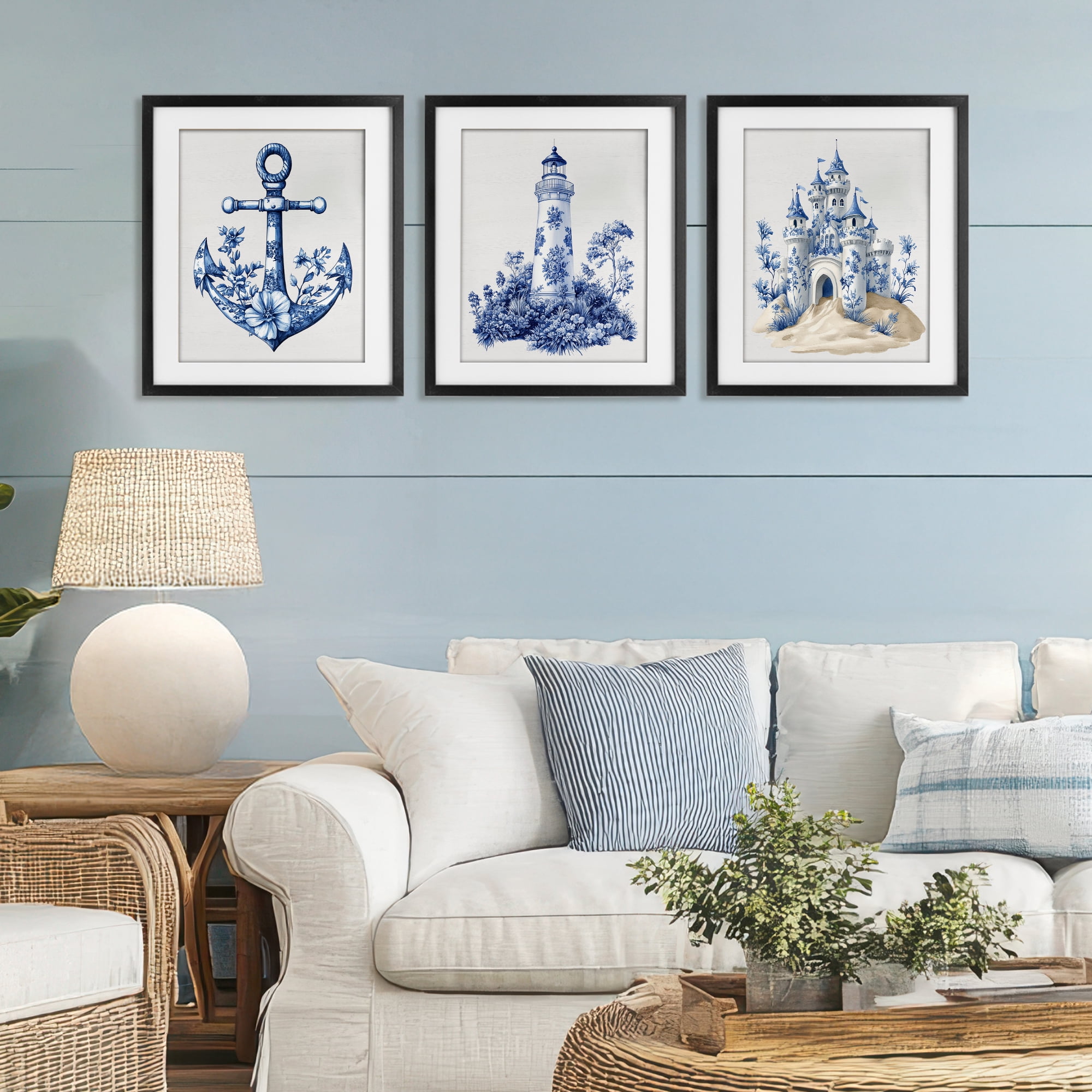 Ornate Nautical Toile Patterns 3 Piece Black Framed Print Under Glass Set, design by Lettered and Lined