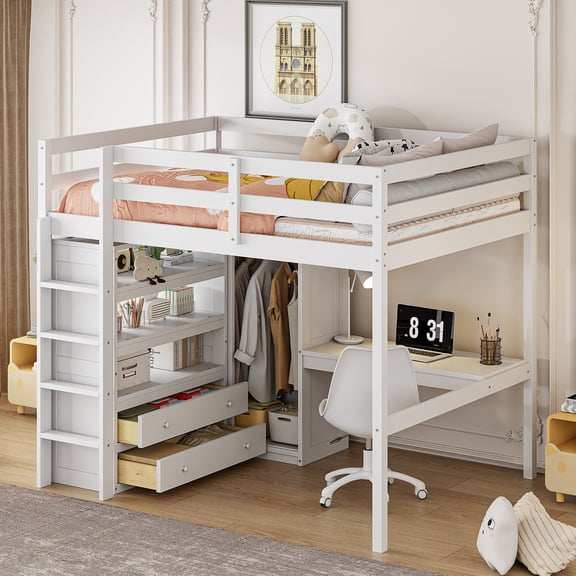 Harper & Bright Designs Full Size Loft Bed with Wardrobe and Desk, Wood Full High Loft Bed with Storage Drawers and Shelves for Dorm Apartment Bedroom, White