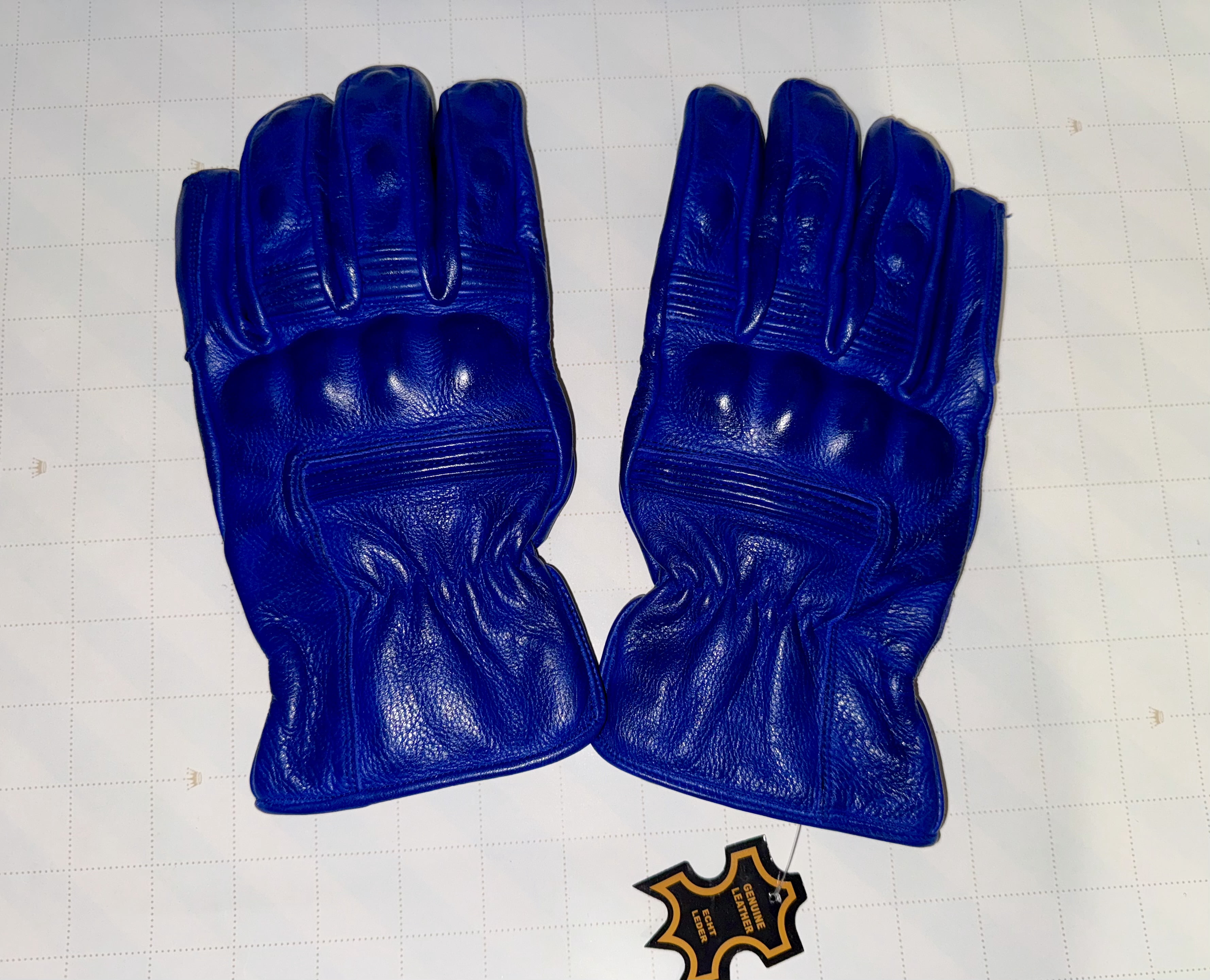 Motorcycle Leather Gloves With Reinforced Knuckles, Full Finger, Touchscreen Finger Tips, Blue ZAMGEAR