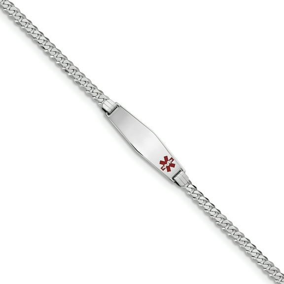 14K White Gold Medical Soft Diamond Shape Red Enamel Flat Curb Link ID Bracelet