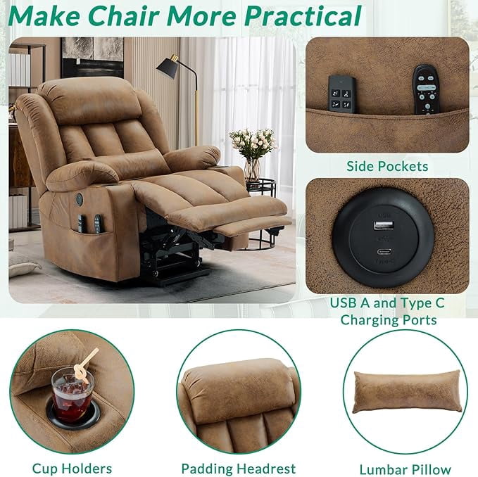 VIVIJASON Tall Man Dual Motor Power Lift Recliner, Oversized Lay-Flat Sleeper with Extended Footrest, Heat, Massage, Lumbar Pillow & USB/Type-C, Brown