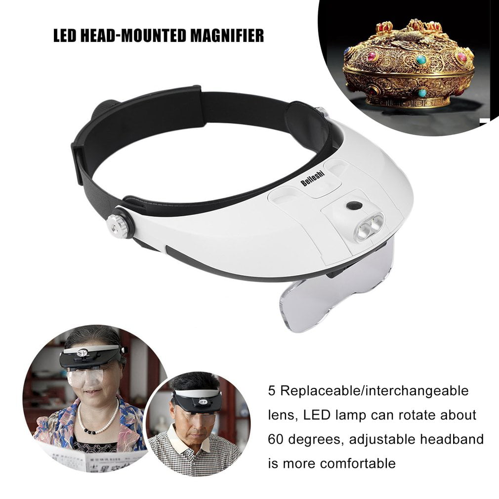Beileshi Portable 2 LED Headband Glasses Illuminating Magnifier Loupe Single/Bi-plate 11 Magnifications 5 Lens-White&Black-1 Size 