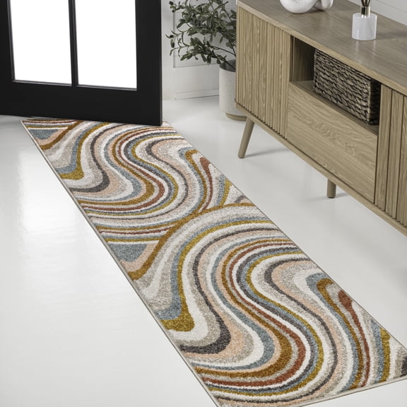JONATHAN Y DAZZLE 2 x 8 Runner Rug, Flow Abstract Swirl - Red/Beige/Blue, DZC100B-28