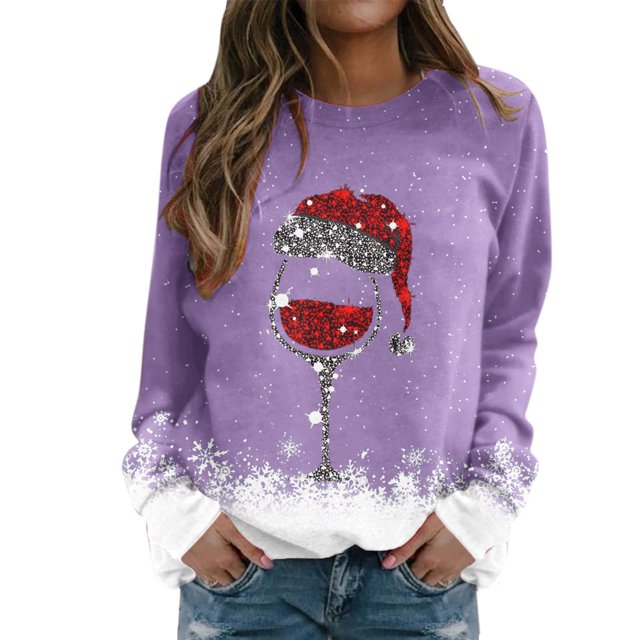 Gibobby Sudaderas para mujer navidad Sudadera con estampado navideño para mujer, sombrero de cristal, sudadera de manga larga, blusa informal, de temperamento(Morado,G)