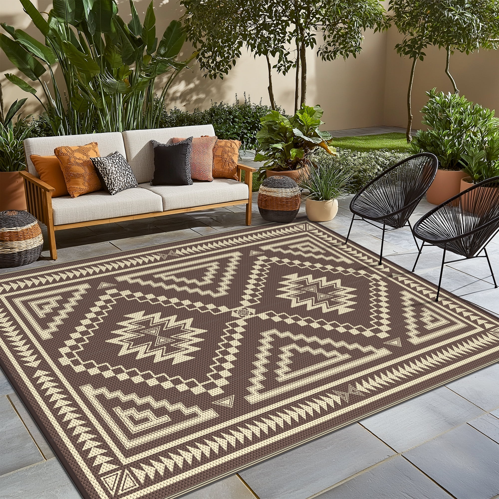 KUETH 6' x 9' Outdoor Rug Waterproof for Patio Carpet Plastic Reversible Straw Outdoor Rug for Camping Picnic Geometric Mat ,COFFEE&BEIGE