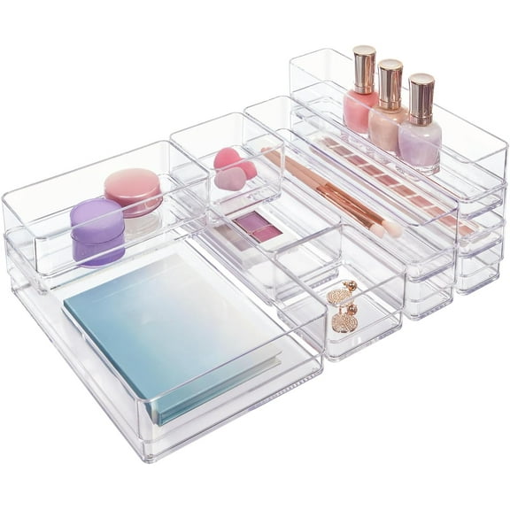10-Piece Stackable Clear Drawer Organizer Set | Multi-size Trays | Makeup Vanity Storage Bins and Office Desk Drawer Dividers | Made in USA