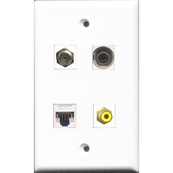 RiteAV 1 Port RCA Yellow and 1 Port Coax Cable TV- F-Type and 1 Port 3.5mm and 1 Port Cat5e Ethernet White Wall Plate