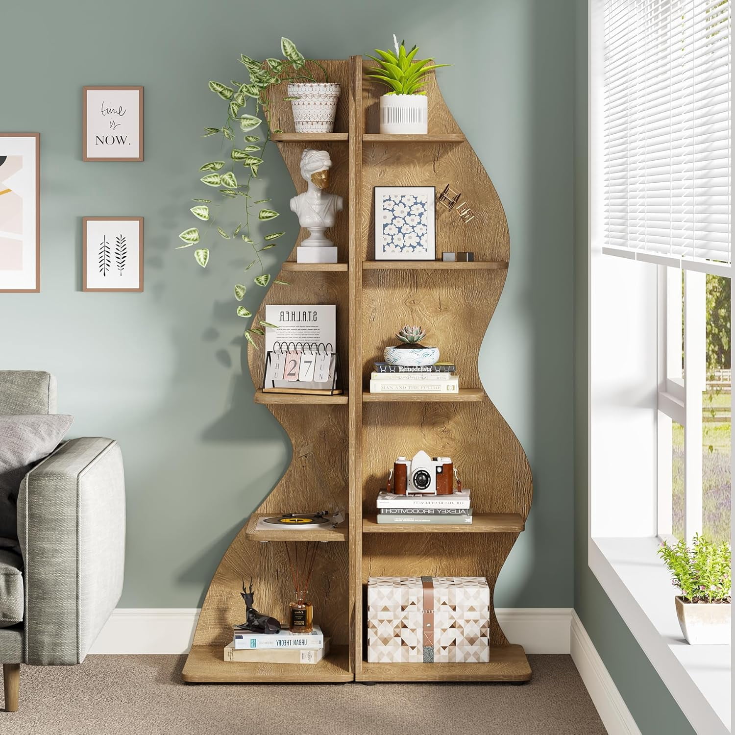 Tribesigns Modern Corner Shelf, 5-Tier Wall Corner Bookshelf, Small Bookcase Storage Rack for Living Room, Home Office (Light Brown)