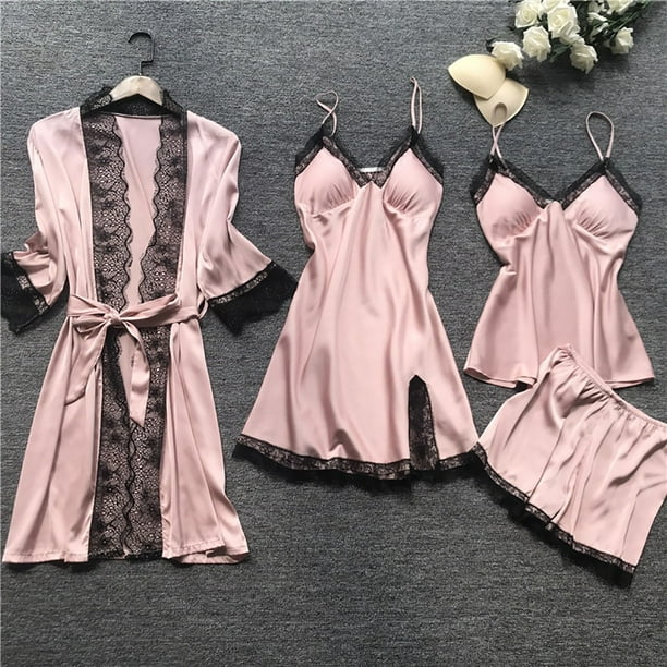 Pijamas sexys para mujer, conjunto de cuatro piezas, pijamas con tirantes estilo coreano, ropa de casa para mujer con camisón con almohadilla para el pecho
