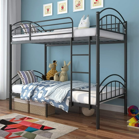 Alohappy Twin Over Twin Metal Bunk Bed Frame, 2 In 1 Convertible Bunk Bed Frames for Kids Adults, Removable Ladder & Safety Guard Rail Included, Easy Assembly, Black