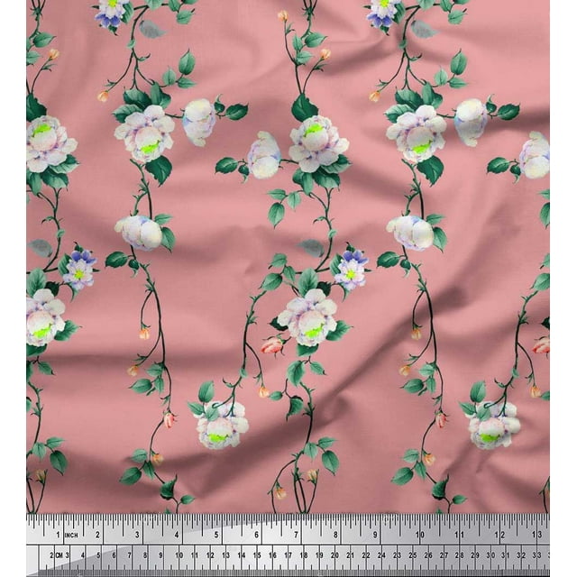 Soimoi Moss Georgette Fabric Leaves & Peony Floral Print Fabric by Yard 42 Inch Wide