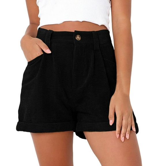 Baqcunre Ladies High Waisted Solid Color Corduroy Loose Shorts,Color Black,Size M-3XL