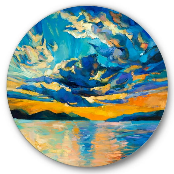 Designart 'Cloudy Sunset Over Wide Open Ocean Horizon' Nautical & Coastal Circle Metal Wall Art 36x36 - Disc of 36