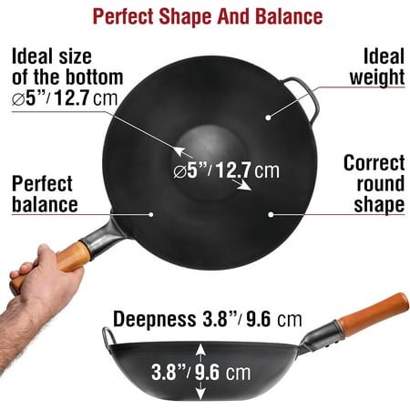 YOSUKATA 13.5 Pre-Seasoned Carbon Steel Wok Pan, Flat Bottom Stir Fry Pan for Gas, Electric, Induction & Open Fire, Traditional Asian Cookware for Kitchen, BBQ & Camping Use