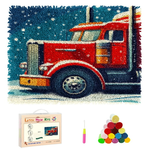 DIY Rug Latch Hook Kits Christmas Truck Stamped Non-slip Mat Crochet Yarn Hook and Latch Emboridery Tapestry for Home Floor Decoration Pet Warm Cushion 52x38cm(1)