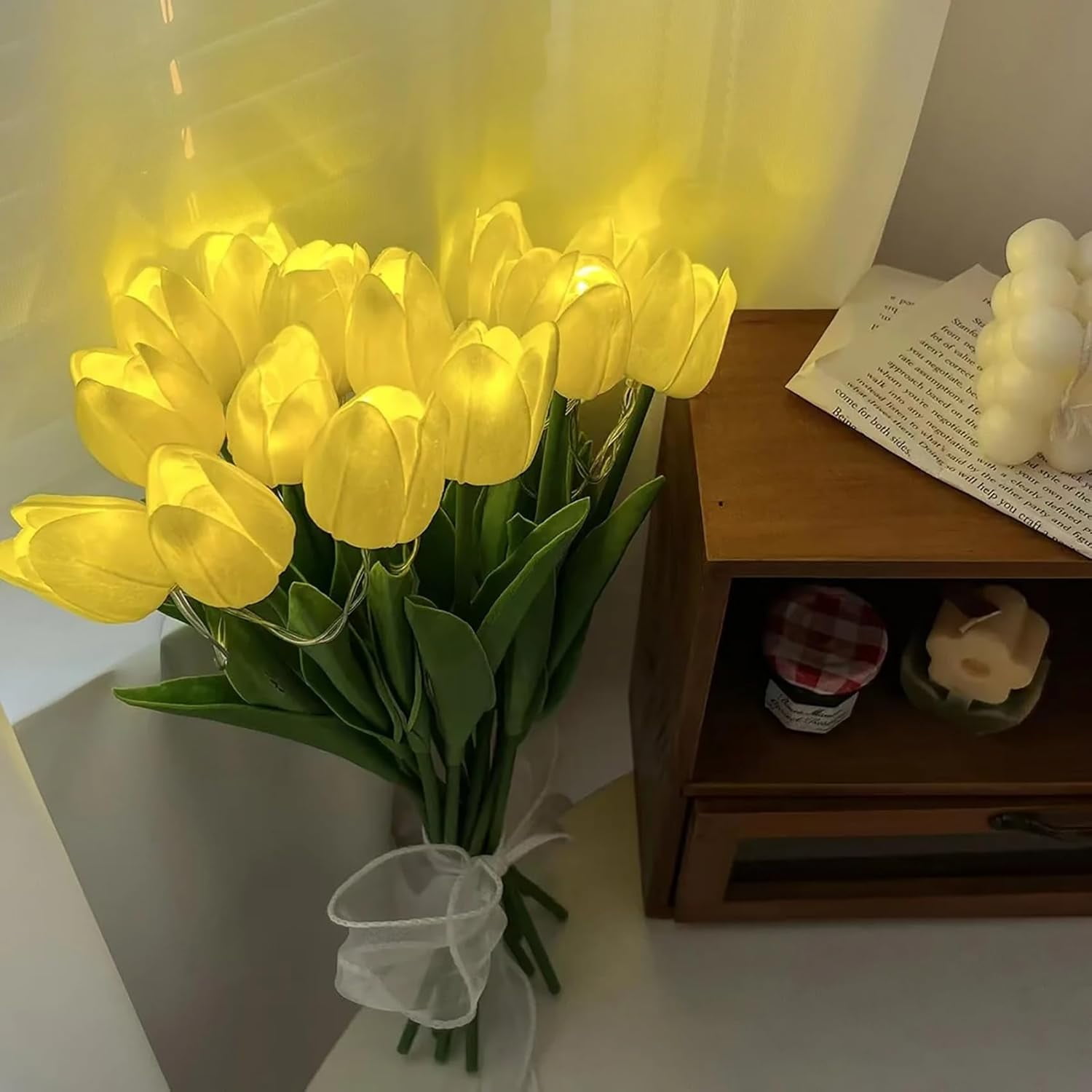 Artificial Tulip Flowers LED Lights Fake Tulips Bouquet Battery Powered Real Touch Led Night Light for Home Office Table Centerpiece Wedding