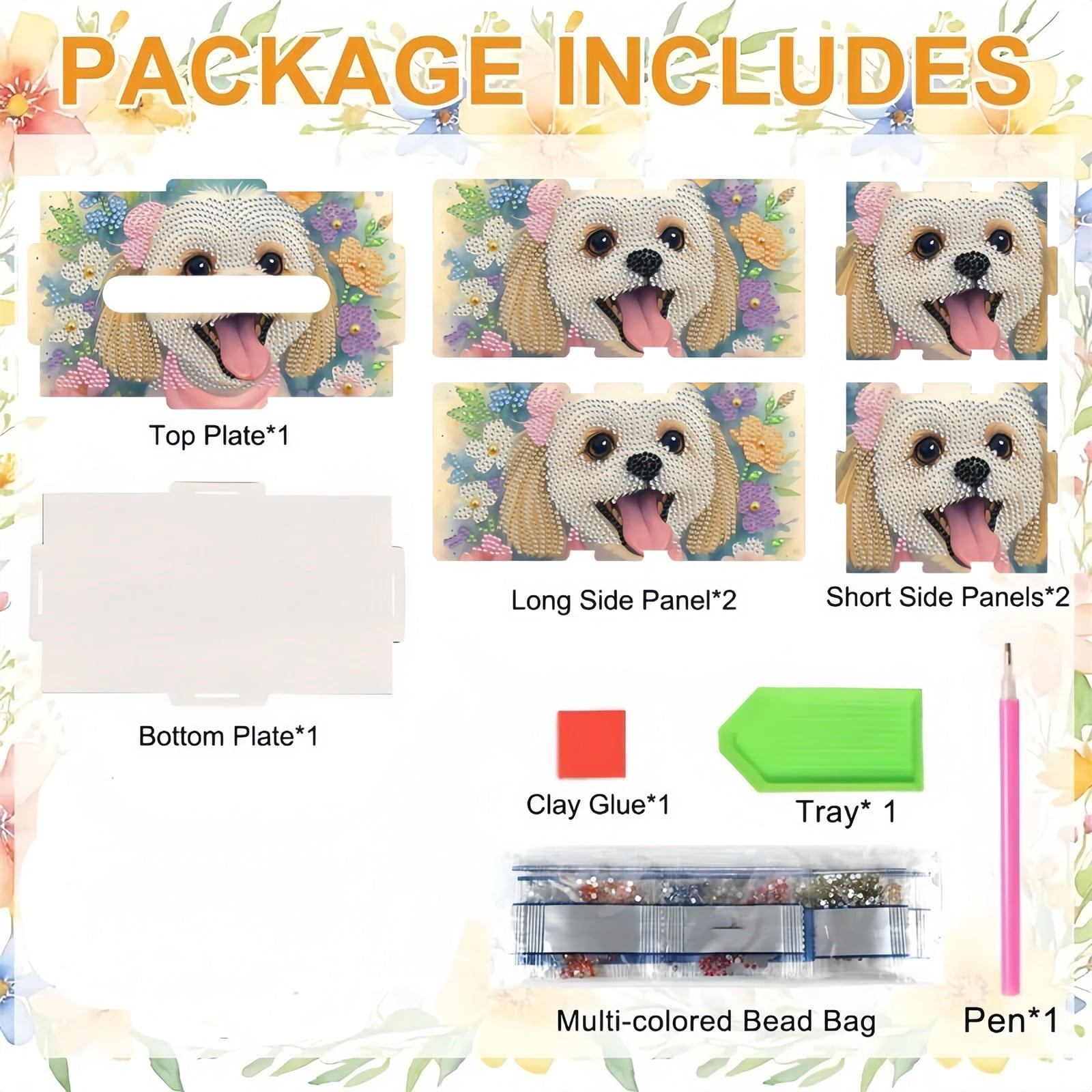 FLOPESN DIY Diamond Art Painting Wooden Assembly Paper Box, 8.86*5.31in, Creative Design Table Decor Rectangular Paper Towel Storage Box-Puppy