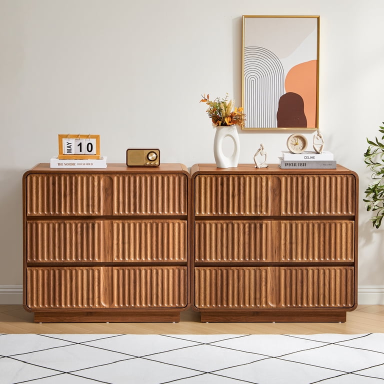 Mid-Century Modern Fluted 3-Drawer Wood Dresser with Curved Profile & Anti-Tip, Walnut Storage Cabinet for Bedroom or Living Room (31.5