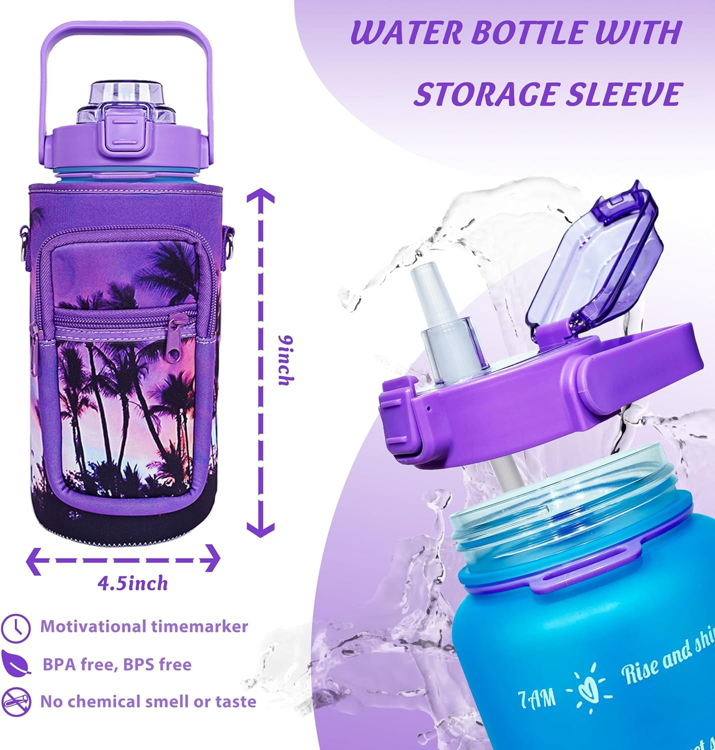 64 oz Water Bottle with Straw Sleeve & Strap Motivational BPA Free Half Gallon Water Jug with Handle for Gym Women Men Aesthetic Water Bottle with Strap Coconut Tree