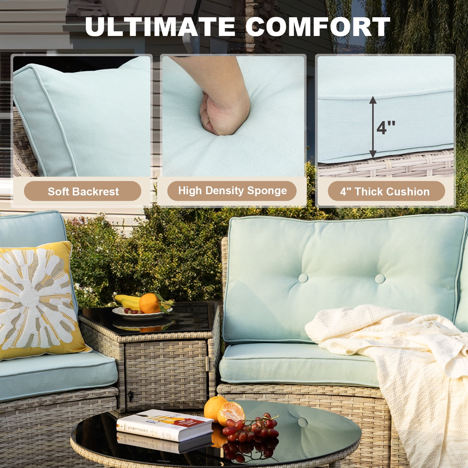 MEISSALIVVE 8-Piece Half-Moon Curved Outdoor Patio Furniture Set, Sectional Conversation Sofa with 2 Half-Moon Ottomans, Round Coffee Tables for Backyard Deck Garden, Blue