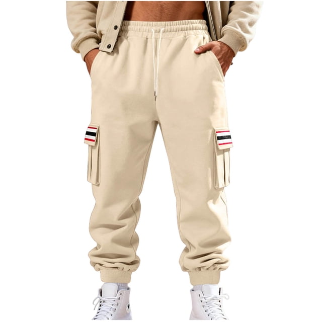 Lovzfmll Men's Retro Striped Fleece Joggers, Solid Color Base, Heavy Pile, Drawstring Waist, Pockets for Warmth Beige, M