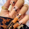 thumbnail image 1 of Extra Long Coffin Press on Nails Brown False Nails with Graffiti DesignsFalse Nails-24Pcs, 1 of 4