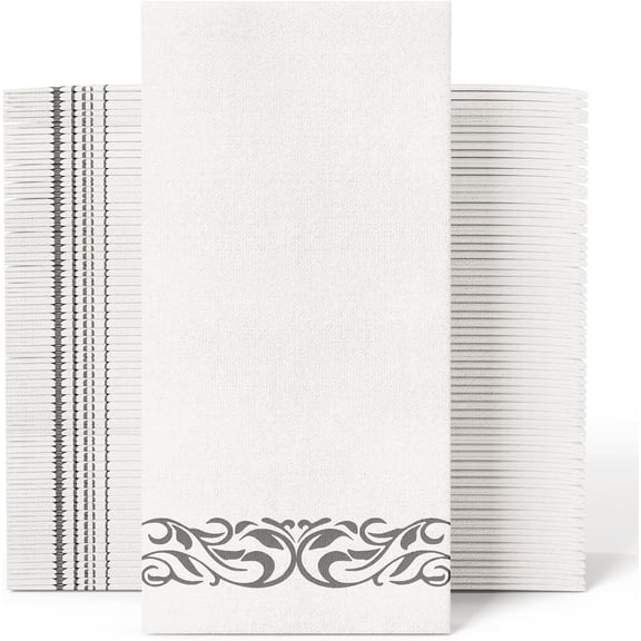 100-Pack Disposable Hand Towels – Soft & Absorbent Linen-Feel Dinner Napkins, Elegant Decorative Paper Guest Towels for Kitchen, Bathroom, Weddings & Parties, Silver and White