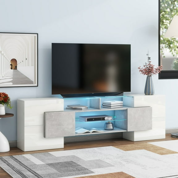 TV Stands With Storage ON-TREND Unique Shape TV Stand with 2 Illuminated Glass Shelves, High Gloss Entertainment Center for TVs Up to 88", Versatile TV Cabinet with LED Color Changing Lights for Livi