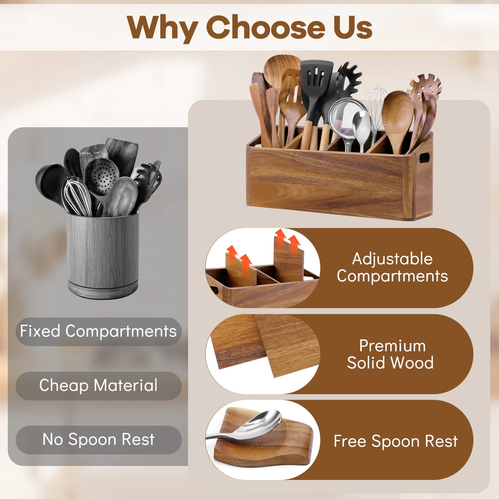 WETRBWEH Wooden Kitchen Utensil Holder with Spoon Rest, Extra Large Acacia Wood Utensil Organizer for Counter with 4 Compartments, Rustic Container
