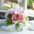thumbnail image 1 of Enova Home Artificial Flowers Mixed Silk Pink Roses and Lily Fake Flowers Arrangement in Cylinder Glass Vase with Faux Water for Home Office Wedding Decoration, 1 of 4