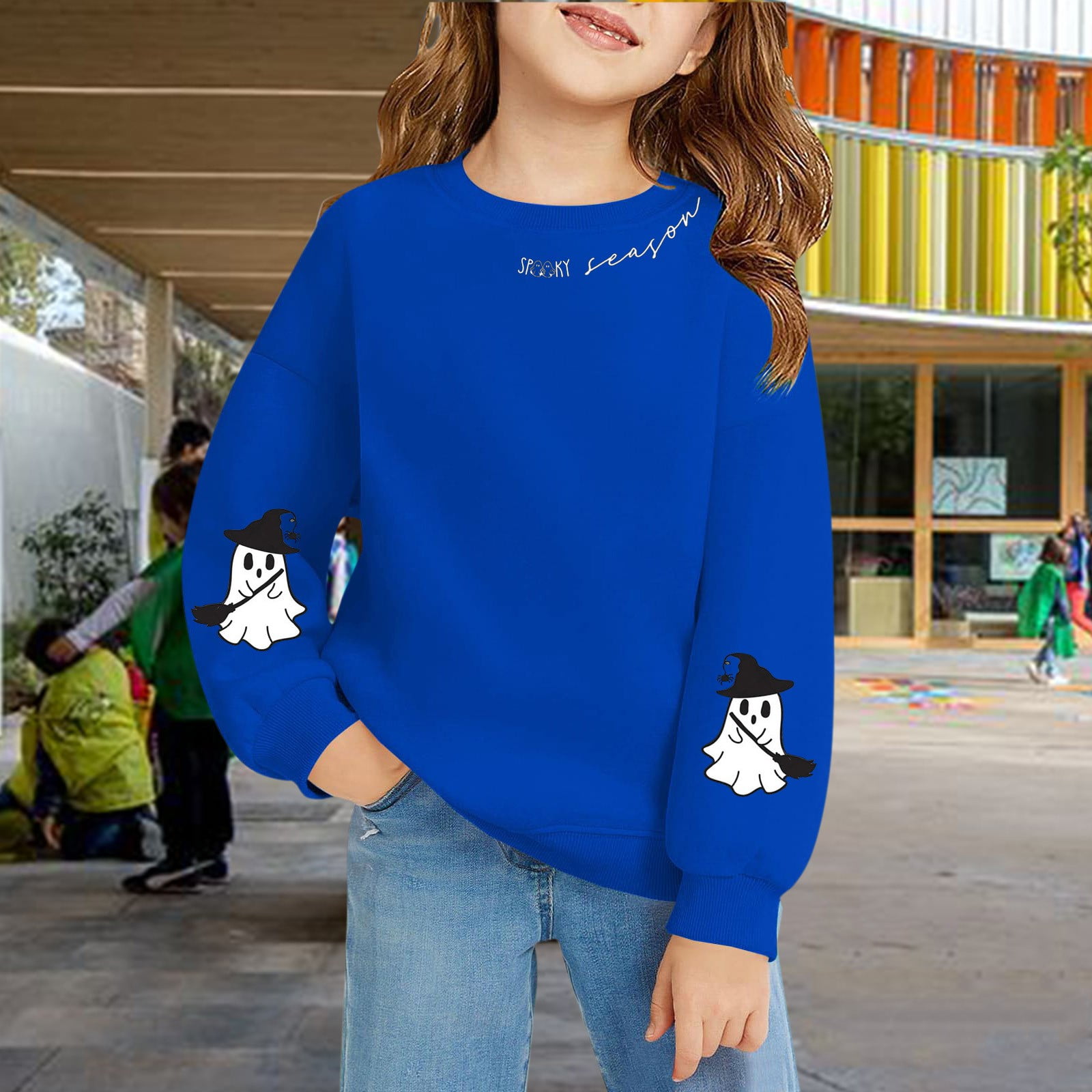 GiLiling Teen Girls Oversized Halloween Sequin Spooky Ghost Graphic Crewneck Sweatshirt Long Sleeve Cotton Warm Fall Pullover Top (Blue 6-7 Years)
