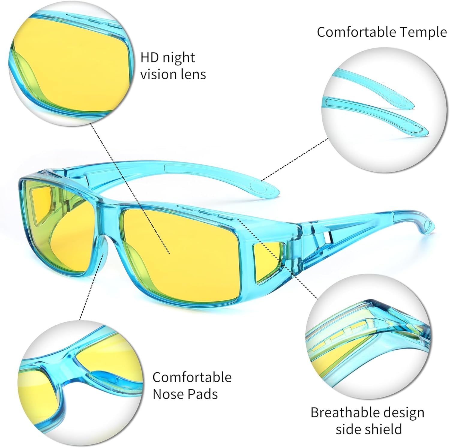 FEISEDY Men Women Night Driving Glasses Fit over Glasses Anti-Glare Polarized Wrap Yellow Sunglasses Over Glasses B2593
