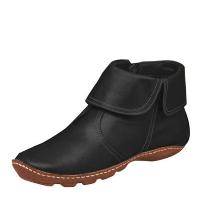 

Poatren Boots Toe Ankle Women s Up Pleated Flat Vintage Fashion Round Zip Winter women s boots