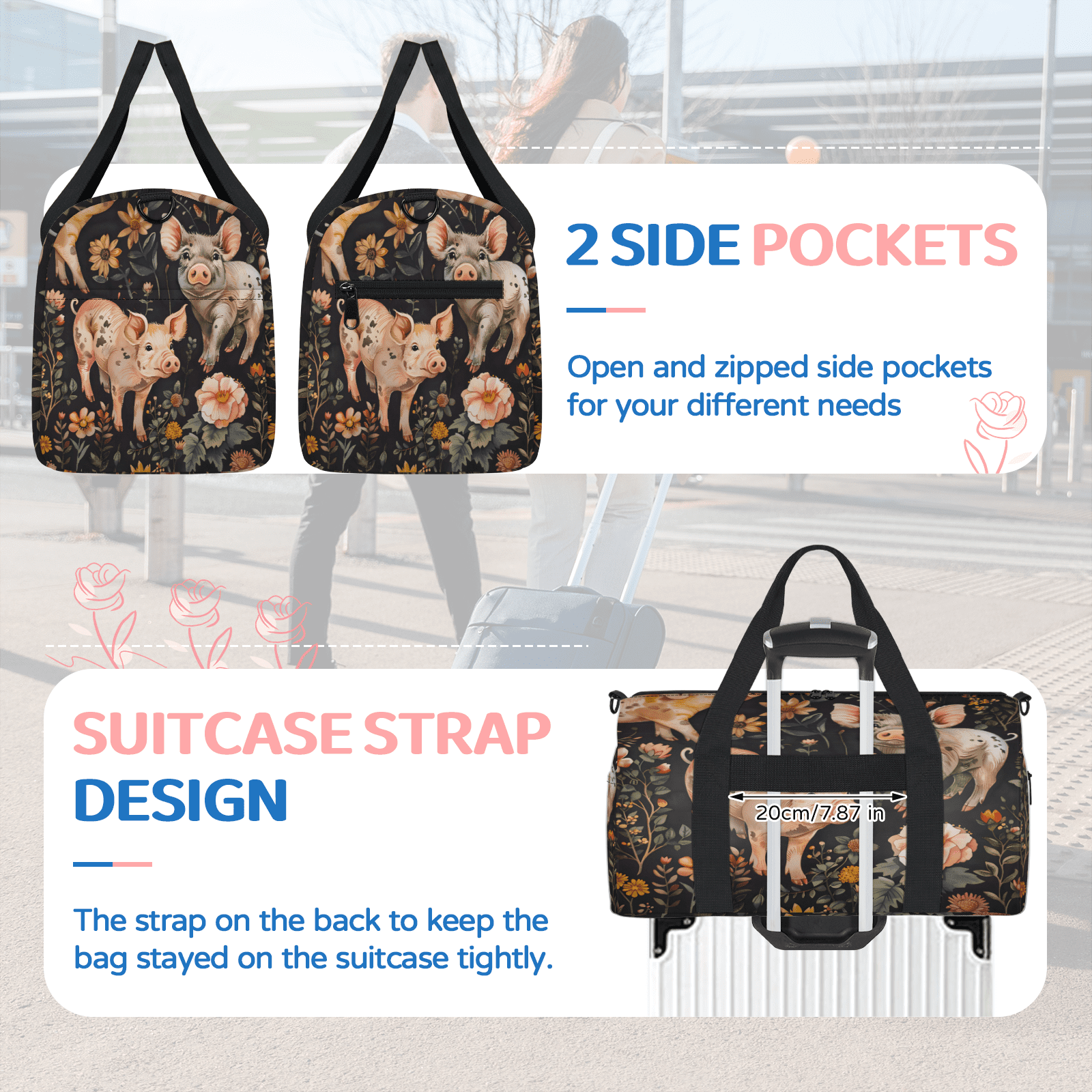 Herdesigns Floral Pig Animal Gym Bag for Women, Duffle Bag for Travel Sport, Lightweight Waterproof Carry on Weekender Overnight Dance Yoga Workout Bags